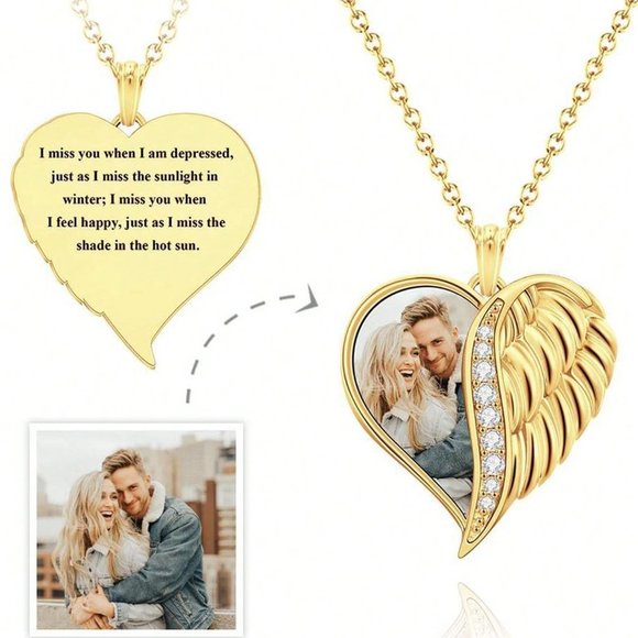 Pendant Necklace,Customized Photo Text Engraved Necklace With Heart Shaped Wing - Picture 5 of 7